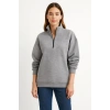 MARSiLYAN- Üç İplik Dık Yaka Yarım Fermuarlı SweatShirt - Gri