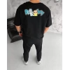 MARSiLYAN- Unisex Bisiklet Yaka Baskılı Oversize T-Shirt - Siyah