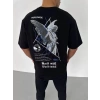 MARSiLYAN- Unisex Bisiklet Yaka Baskılı Oversize T-Shirt - Siyah
