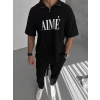 MARSiLYAN- Unisex Yarım Fermuarlı Baskılı T-Shirt - Siyah