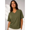 MARSiLYAN- V Yaka Basic Tişört Kısa Kol Yazlık Regular Fit T-Shirt - Haki
