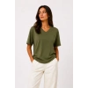 MARSiLYAN- V Yaka Basic Tişört Kısa Kol Yazlık Regular Fit T-Shirt - Haki