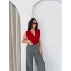 MARSiLYAN- Vatkalı Kolsuz V Yaka Drapeli Crop Bluz Likralı Fit - Kırmızı