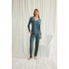 MARSiLYAN-  Yakası Omzu ve Paçası Dantelli Boydan Düğmeli Pijama Takımı