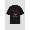 MARSiLYAN- Yılbaşı Happy New Year Baskılı Kısa Kollu Oversize Bisiklet Yaka T-shirt - Siyah