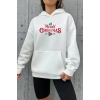 MARSiLYAN- Yılbaşı Merry Christmas Baskılı Oversize Kapüşonlu Sweatshirt Hoodie - Beyaz