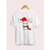 MARSiLYAN- Yılbaşı Noel Ren Geyiği Baskılı Kısa Kollu Oversize Bisiklet Yaka T-shirt - Beyaz