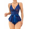 Mavi Dantel İşlemeli Kurdelalı Fantezi Tül Babydoll