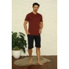 MİRAY- Erkek Bordo V Yaka 3lü Pijama Takım