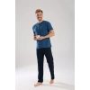 MİRAY- Erkek İndigo Düğmeli Yaka Kısa Kol Pijama Takımı