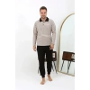 MİRAY- Erkek Polo Yaka Uzun Kol Penye Pijama Takımı Krem