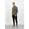 MİRAY- Erkek Uzun Kol Manşetli Paça Penye Pijama Takımı Haki