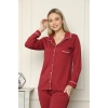 MİRAY- Kadın %100 Pamuk Penye Önden Düğmeli Uzun Kol Pijama Takım Bordo