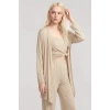 MİRAY- Kadın Bej Kısa Kimono 3’lü Takım Yumuşak Dokulu Şık Rahat Ev Giyim Seti