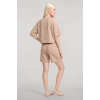 MİRAY- Kadın Bej Kısa Kollu Şortlu Pijama Takımı Rahat Yumuşak Dokulu Ev Giyim Seti