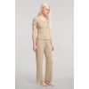 MİRAY- Kadın Bej V Yaka Yumuşak Dokulu Pijama Takımı Rahat ve Şık Ev Giyim Seti