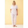 MİRAY- Kadın Beyaz Kırmızı Kalp Desenli Önden Düğmeli Büyük Beden Pijama Takımı