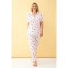 MİRAY- Kadın Beyaz Kırmızı Kalp Desenli Önden Düğmeli Büyük Beden Pijama Takımı