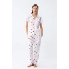 MİRAY- Kadın Beyaz Kırmızı Kalpli Önden Düğmeli Pijama Takımı