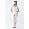 MİRAY- Kadın Beyaz Kırmızı Kalpli Önden Düğmeli Pijama Takımı