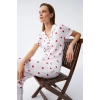 MİRAY- Kadın Beyaz Kırmızı Kalpli Önden Düğmeli Pijama Takımı