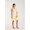MİRAY- Kadın Beyaz Kurdele Detaylı Sarı Çizgili Şortlu Pijama Takımı