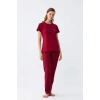 MİRAY- Kadın Bordo Kalp Desenli Kısa Kollu Penye Pijama Takımı