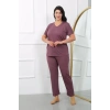 MİRAY- Kadın Büyük Beden Kısa Kol Penye Pijama Takımı Mürdüm