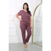 MİRAY- Kadın Büyük Beden Kısa Kol Penye Pijama Takımı Mürdüm