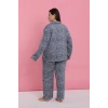 MİRAY- Kadın Büyük Beden Mavi Leopar Desenli Düğmeli Pijama Takımı