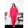 MİRAY- Kadın Büyük Beden Pamuklu Cepli Düğmeli Fuşya Pijama Takım