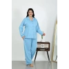 MİRAY- Kadın Büyük Beden Pamuklu Cepli Düğmeli Mavi Pijama Takım