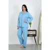 MİRAY- Kadın Büyük Beden Pamuklu Cepli Düğmeli Mavi Pijama Takım