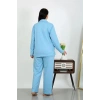 MİRAY- Kadın Büyük Beden Pamuklu Cepli Düğmeli Mavi Pijama Takım