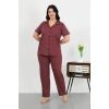 MİRAY- Kadın Büyük Beden Pamuklu Cepli Düğmeli Mor Pijama Takım