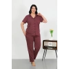 MİRAY- Kadın Büyük Beden Pamuklu Cepli Düğmeli Mor Pijama Takım