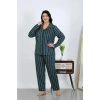 MİRAY- Kadın Büyük Beden Pamuklu Cepli Düğmeli Petrol Pijama Takım