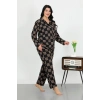 MİRAY- Kadın Büyük Beden Pamuklu Cepli Düğmeli Siyah Pijama Takım
