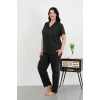 MİRAY- Kadın Büyük Beden Pamuklu Cepli Düğmeli Siyah Pijama Takım