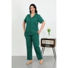 MİRAY- Kadın Büyük Beden Pamuklu Cepli Düğmeli ZümrütYeşili Pijama Takım