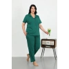 MİRAY- Kadın Büyük Beden Pamuklu Cepli Düğmeli ZümrütYeşili Pijama Takım