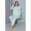 MİRAY- Kadın Büyük Beden Penye Uzun Kol Pijama Takım Su Yeşili