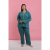 MİRAY- Kadın Büyük Beden Petrol Rengi Düğmeli Pijama Takımı