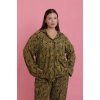 MİRAY- Kadın Büyük Beden Tropikal Yaprak Desenli Düğmeli Pijama Takımı