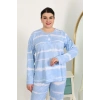 MİRAY- Kadın Büyük Beden Uzun Kol Penye Pijama Takımı Mavi