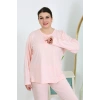MİRAY- Kadın Büyük Beden Uzun Kol Penye Pijama Takımı Pembe