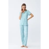 MİRAY- Kadın Buz Mavisi Yıldız Desenli Önden Düğmeli Pijama Takımı