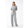 MİRAY- Kadın Gri Desenli Düğmeli Pamuklu Pijama Takımı
