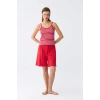 MİRAY- Kadın İp Askılı Pamuk Penye Şortlu Takım Kırmızı