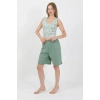 MİRAY- Kadın Kalın Askılı Pamuk Penye Şortlu Crop Takım SuYeşili